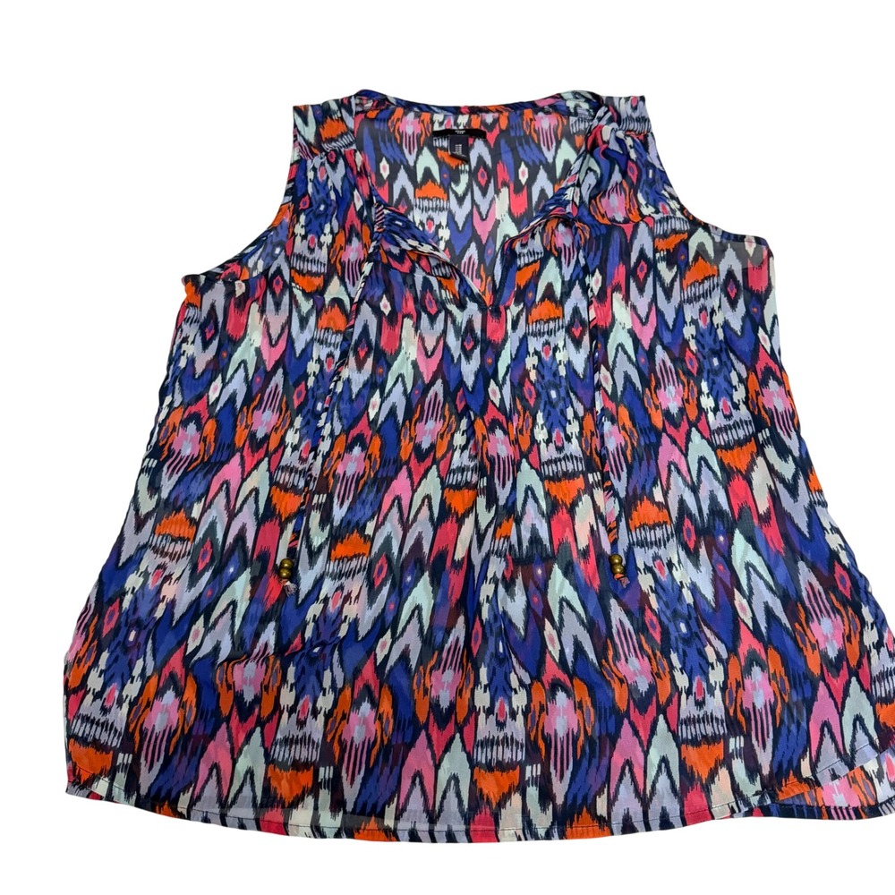 Gap Womens Medium Sleeveless V-Neck Ikat Print Chiffon Blouse Blue Pink Orange